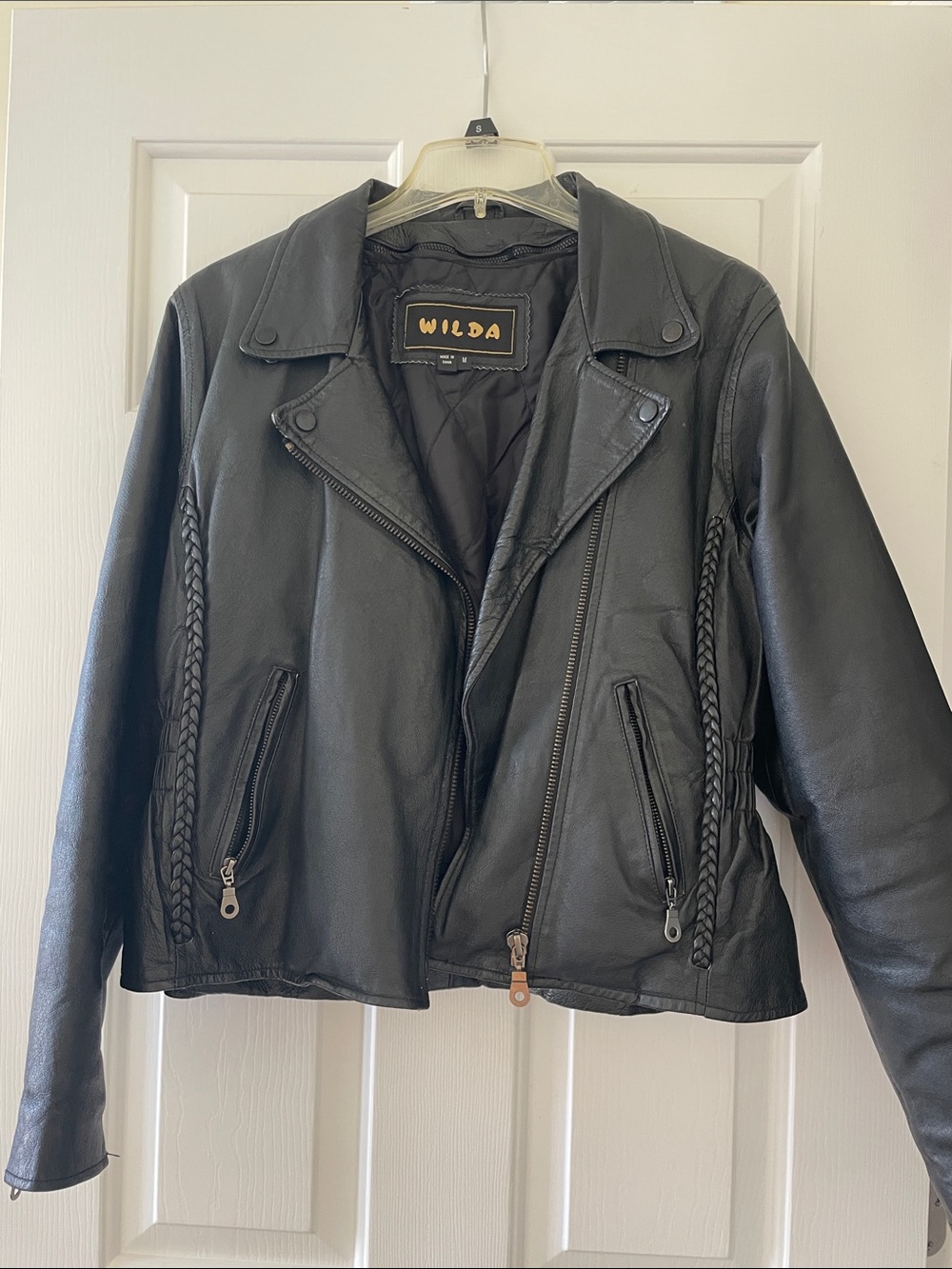 Wilda Black Leather Braided-Trim Moto Jacket
